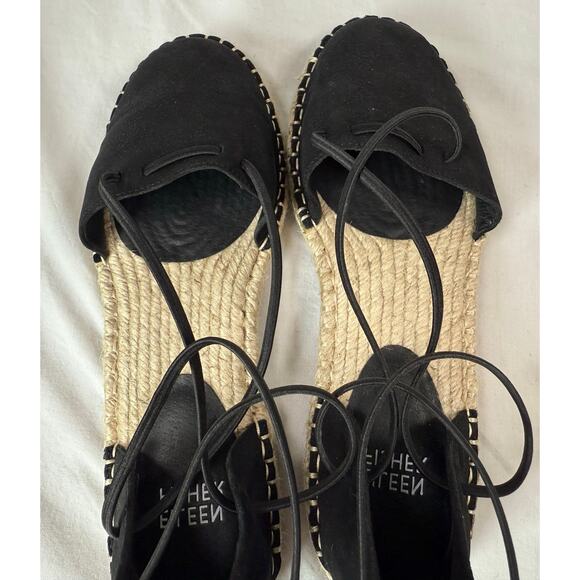 Eileen Fisher Lace Leather Espadrille Sandals Black and Jute‎ Size 6 - Picture 2 of 11